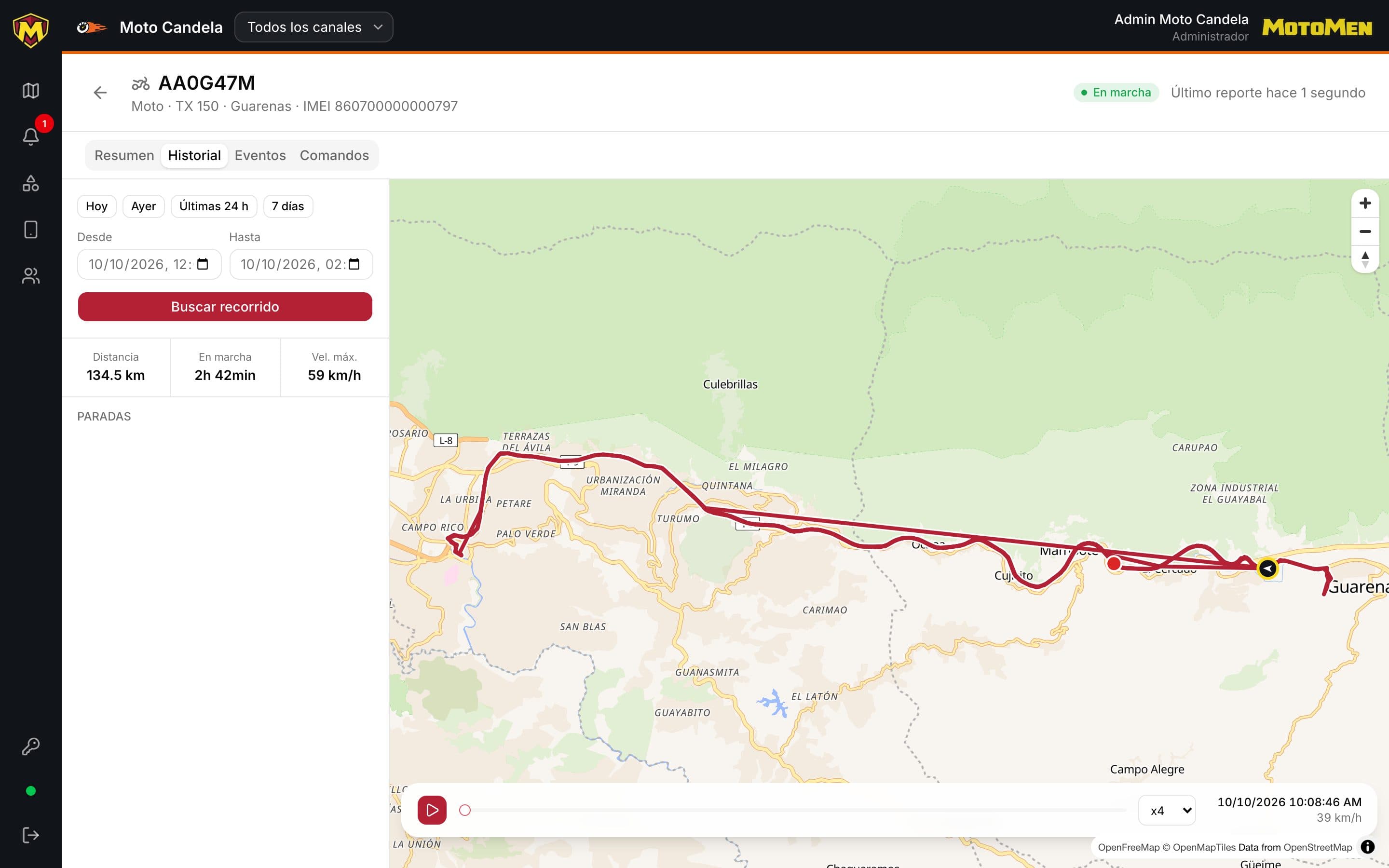Historial de una moto con su recorrido, paradas y reproducción